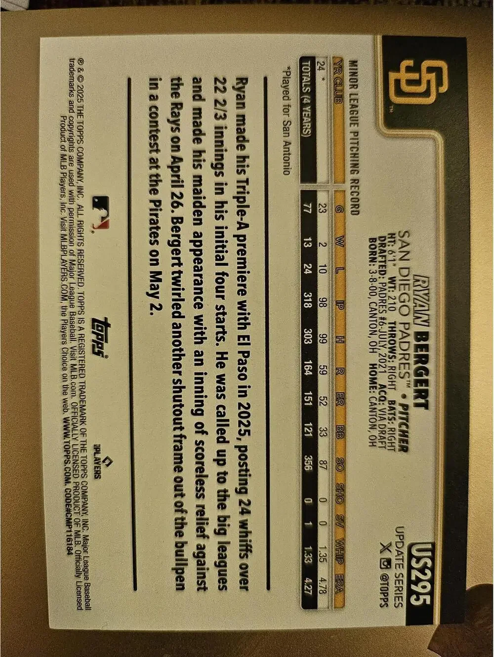 Ryan Bergert (RC) 2025 Topps Update - #US295 - Padres - RAW Mint - Picture 2 of 2